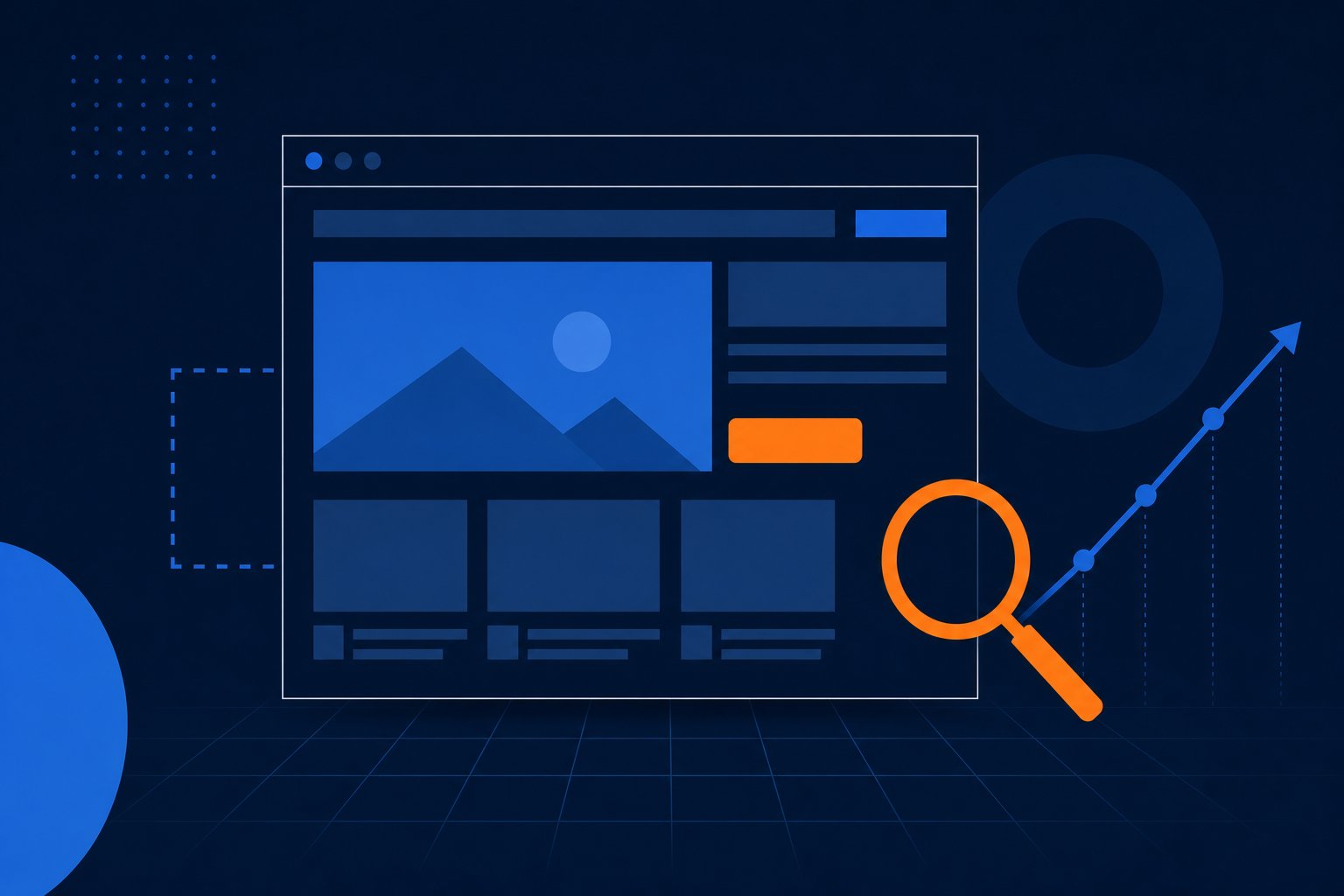Illustration of a website layout with search and ranking growth, representing Bash Foo's web design and SEO work